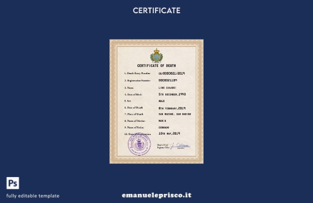 modello PSD del certificato di morte dei documenti vitali di Samoa in stile veri